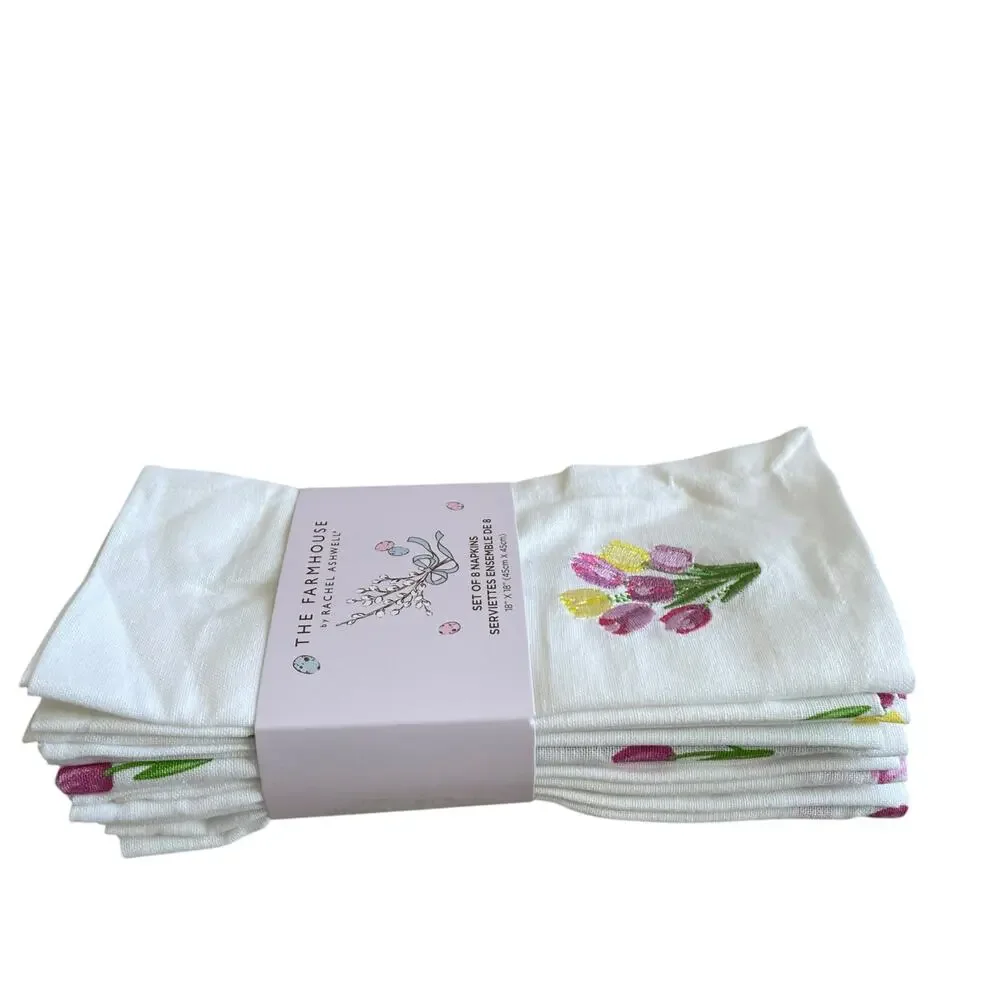 8pc Rachel Ashwell THE FARMHOUSE Cotton Napkins 18x18 Embroidered Tulips New